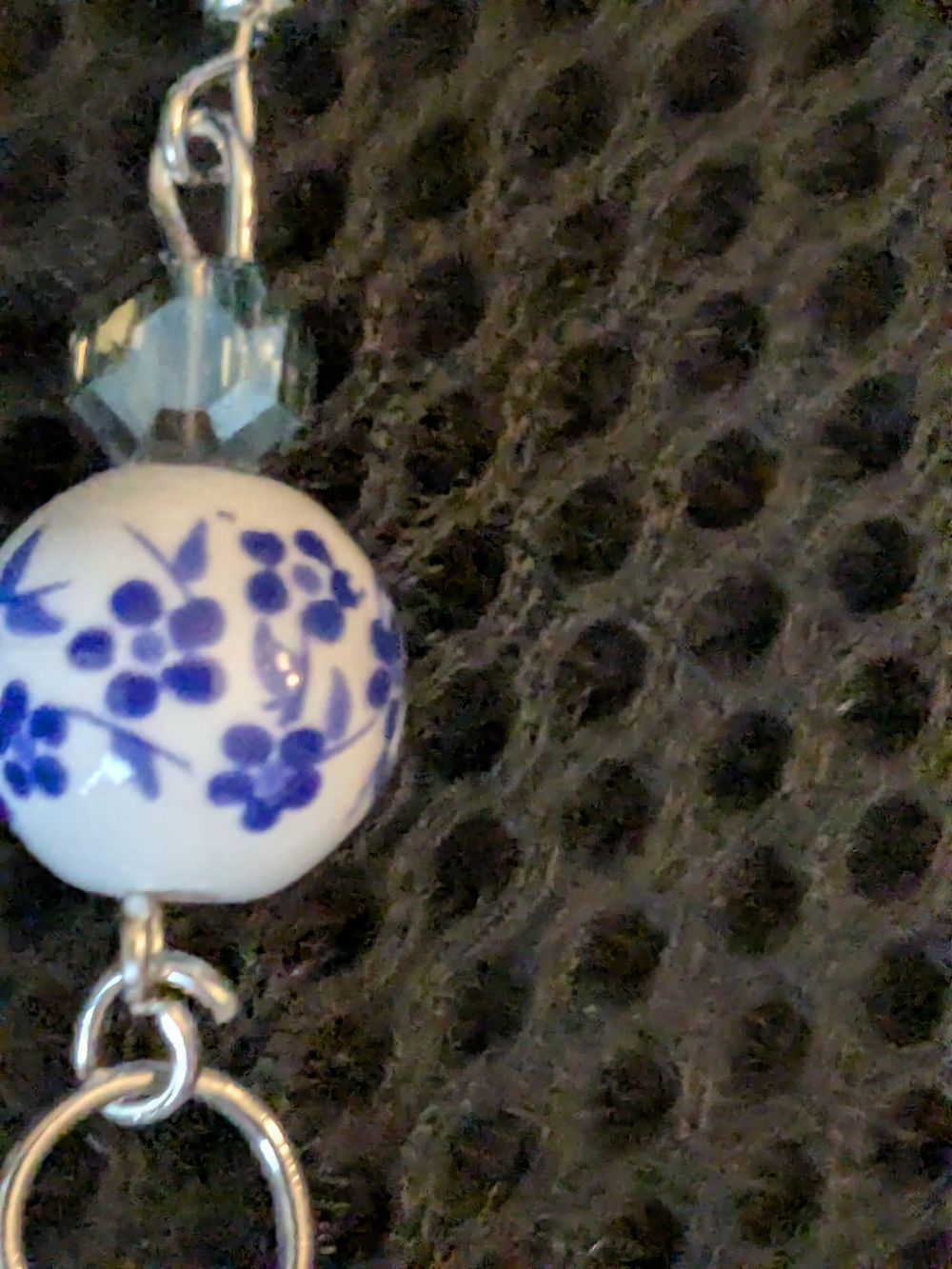 White and Blue Floral Porcelain Hoop Dentalium Shell Earrings - Picture 3 of 6